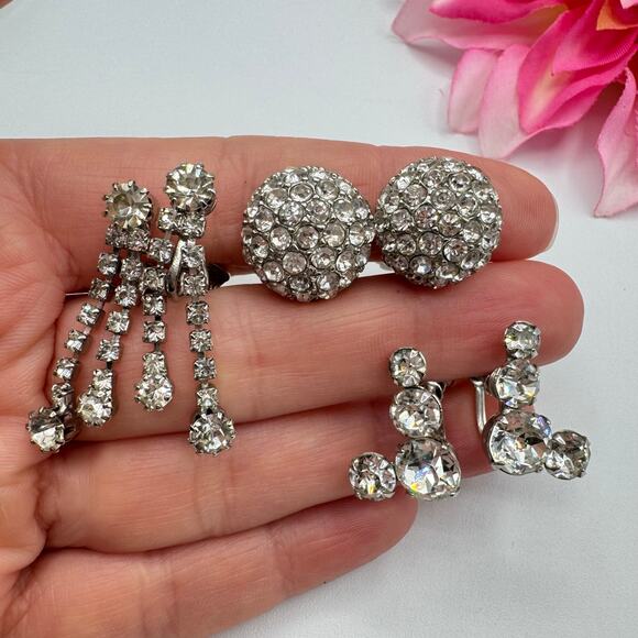 Vintage 3 Pair Rhinestone Clip On Earrings Old Hollywood Glam 50s 60s Bombshell - Picture 6 of 10